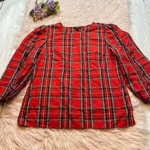 J. Crew Ruffle Sleeve Top in Red Stewart Tartan sz XS